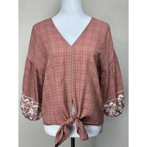 Max Edition Tie Hem Boho Peasant Top Women’s Size M Embroidered Puff Sleeve